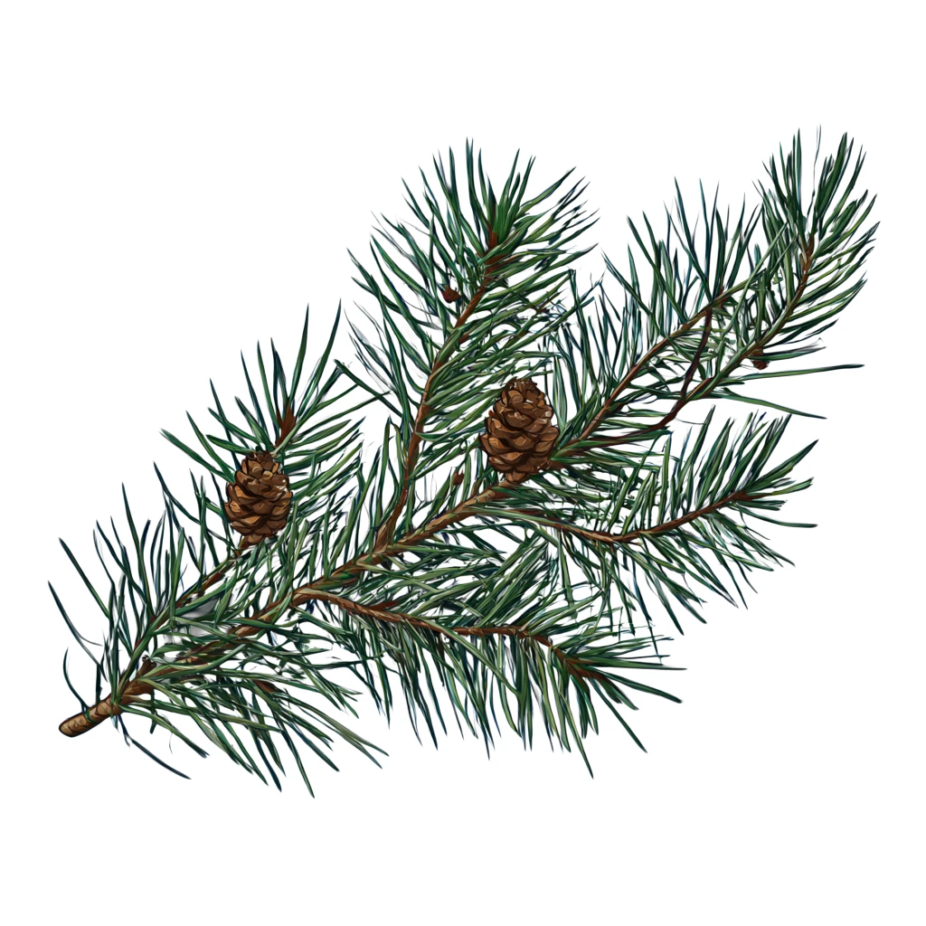 Illustrated evergreen pine branch on a white background, generated as a transparent asset with Qwen-Image 2.1