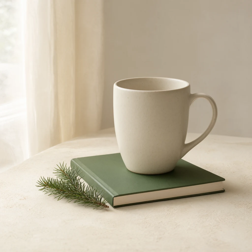 Seed 101: a cream mug on a green notebook with an evergreen sprig.